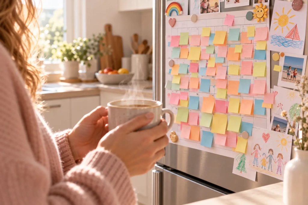 Pause chaleureuse devant le calendrier familial